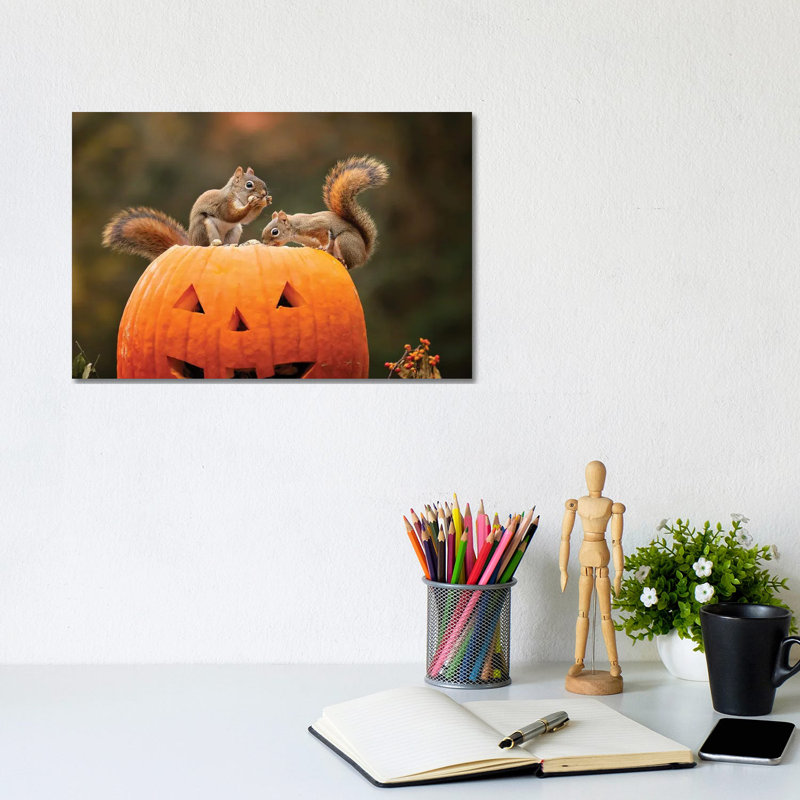 Red Squirrels And Pumpkin by Karen Burke - Wrapped Canvas Print, 20.32 cm H x 30.48 cm W