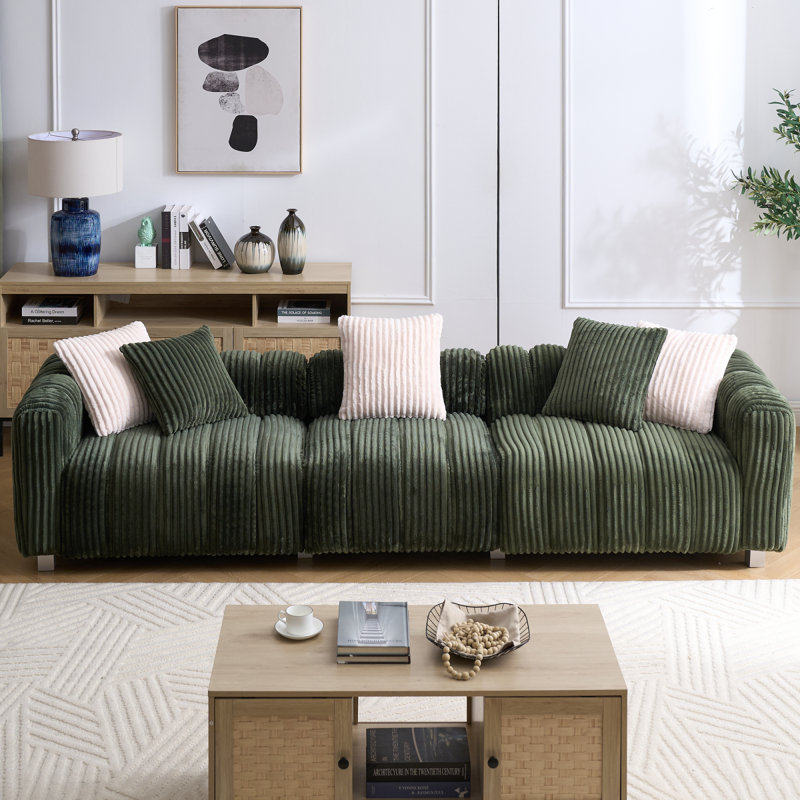 114" Corduroy Three-Seater Sofa – Sturdy Wooden Frame, Comfortable & Durable, Green Corduroy