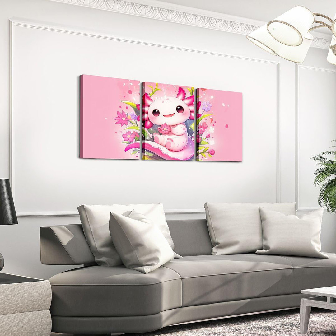 Girls Cute Axolotl Canvas Wall Art Set Of 3 Kids Pink Floral Axolotl Wall Decor Teens Girly Spring Petals Blossom Framed Paintings Artwork Princess Dr