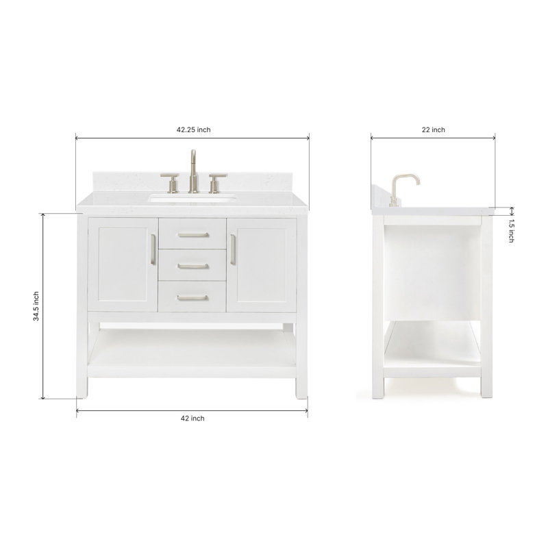 Abby Free Standing Single Bathroom Vanity with Quartz Top, White, 42" W, Carrara White Quartz