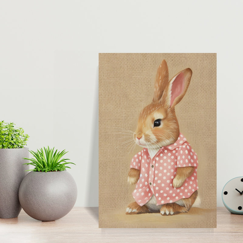 Pink Polka Dot Bunny Contemporary Rabbit Portrait Forest Wall Art Print by Mathieu - Wrapped Canvas Print