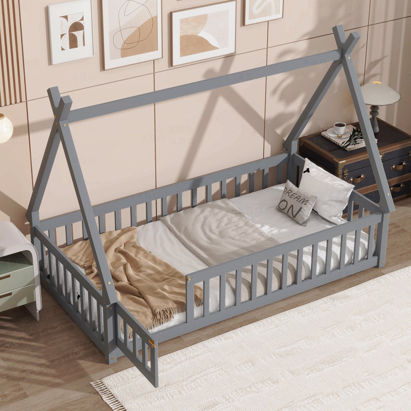 Lit simple, plancher en forme de tente, tipi avec garde-corps, lattes et porte, Lit simple, Gris