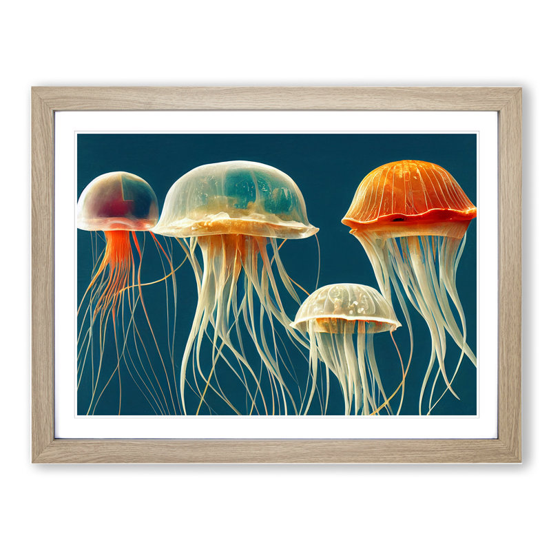 Family Of Jellyfish - Single Picture Frame Painting, 46cm H x 64cm W x 2cm D, Oak
