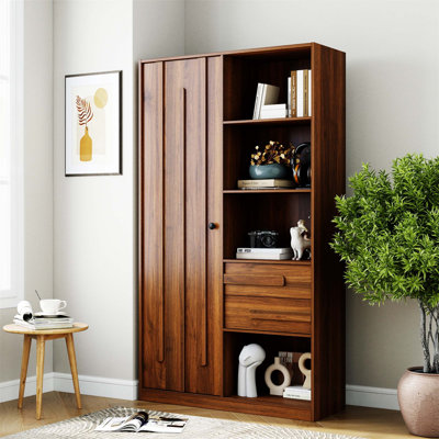 Armoire de rangement autoportante avec porte cannelée, 2 tiroirs et tablettes ouvertes, organisateur polyvalent pour diverses pièces