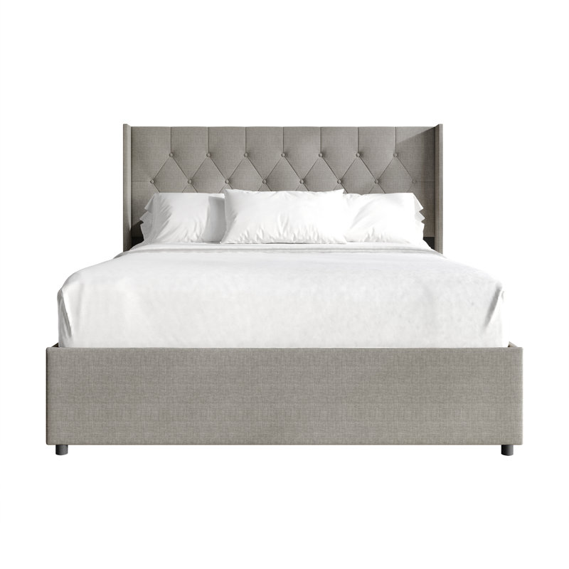 FULL SIZE WINGBACK PLATFORM LIFT UP STORAGE BED IN GREY LINEN, GREY, FULL