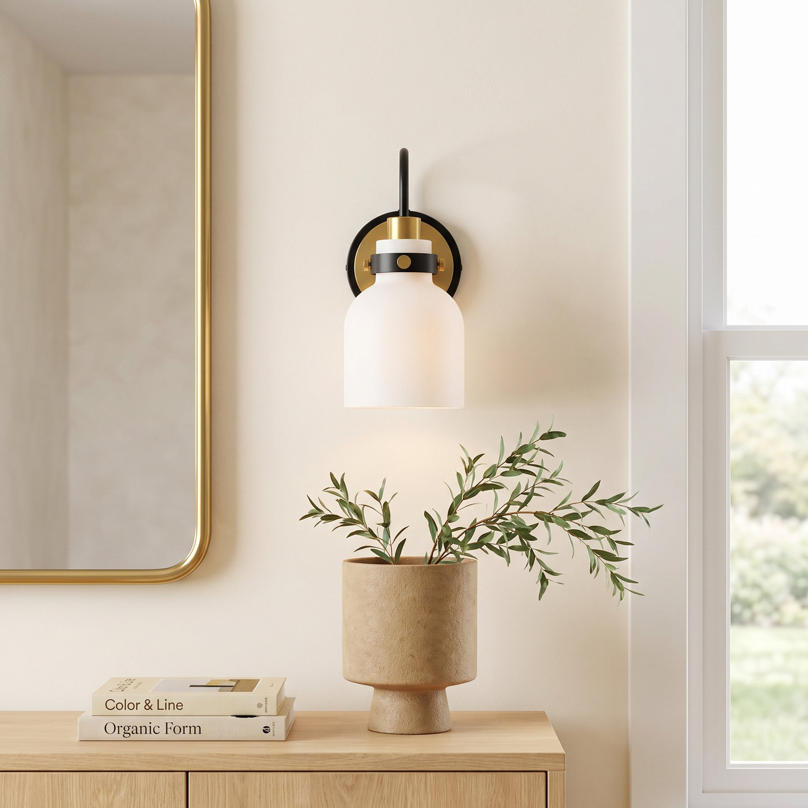 Arold Single Light Glass Dimmable Armed Sconce, Satin Brass