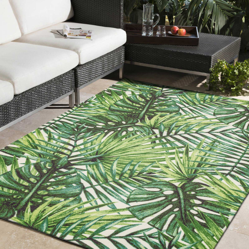 Green Tropical Palm Leaf Chenille Outdoor Area Rug 5' x 7'