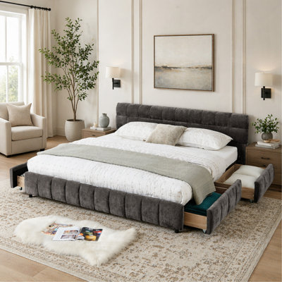 Lit plateforme tapissier avec rangement et tête de lit, base de lit basse en bois avec tiroir, gris foncé, très grand lit californien