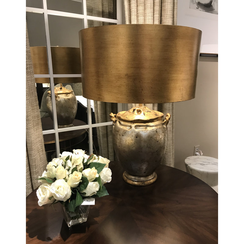 Gold And Distressed Silver Large Drum Shade Table Lamp , Gold