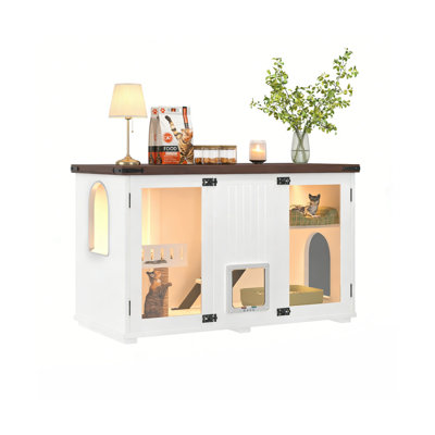 Enceinte de litière pour chat 47,25 po avec lumière DEL, meubles cachés pour litière, maisonnette pour chat avec escalier et griffoir pour chat, table d'appoint pour chat avec porte intelligente pour salon