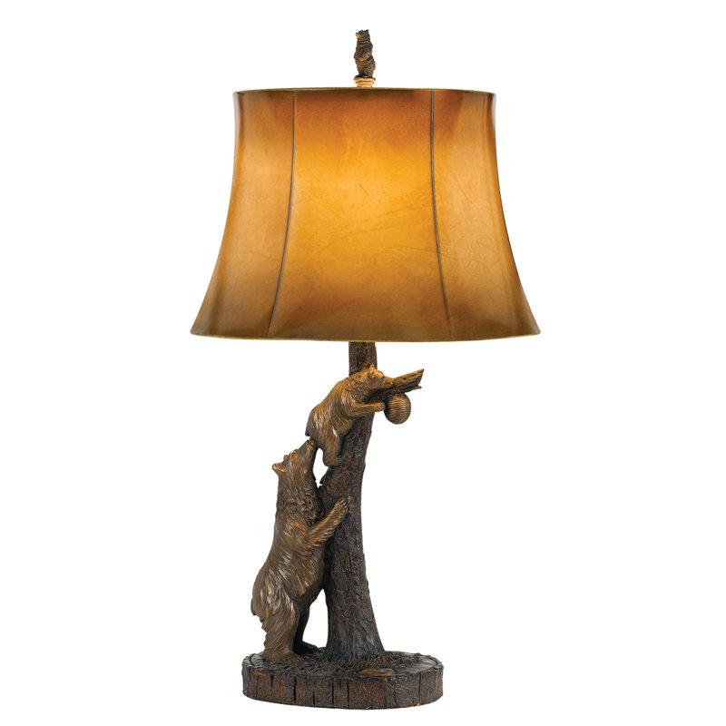 Lampe de table ourse et petite en résine, 79 cm de hauteur, abat-jour en similicuir, finition bronze antique, 3 intensités, A19, 150 W