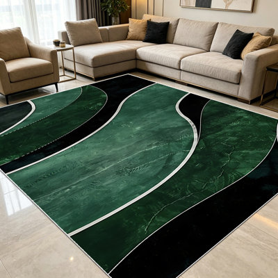 Tapis à motif géométrique abstrait ondulé vert foncé de 1 pièce pour salon, doux et confortable, convenant à toutes les saisons, facile à entretenir, lavable à la machine, tapis de dessous de table convenant à la salle à manger, la chambre à coucher et la maison