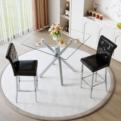 Table de pub ronde en verre trempé avec 2 tabourets de bar à hauteur fixe, comptoir fixe et repose-pieds intégré, ensemble de bar moderne en cuir noir chromé pour cuisine
