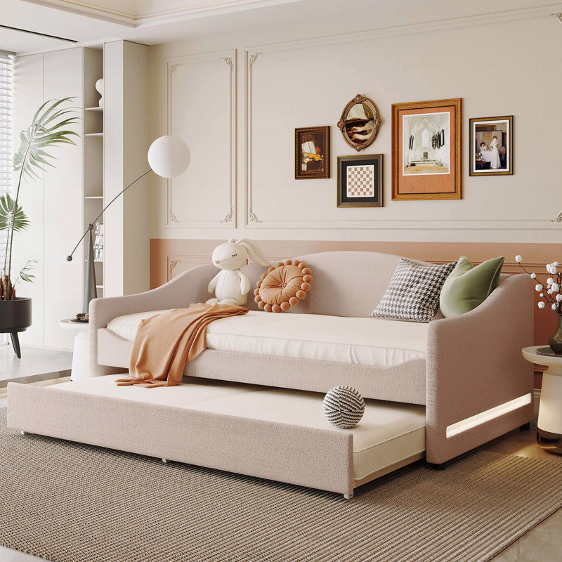 Twin Teddy Fleece Upholstered Daybed Frame, Light, Trundle, Twin, Beige