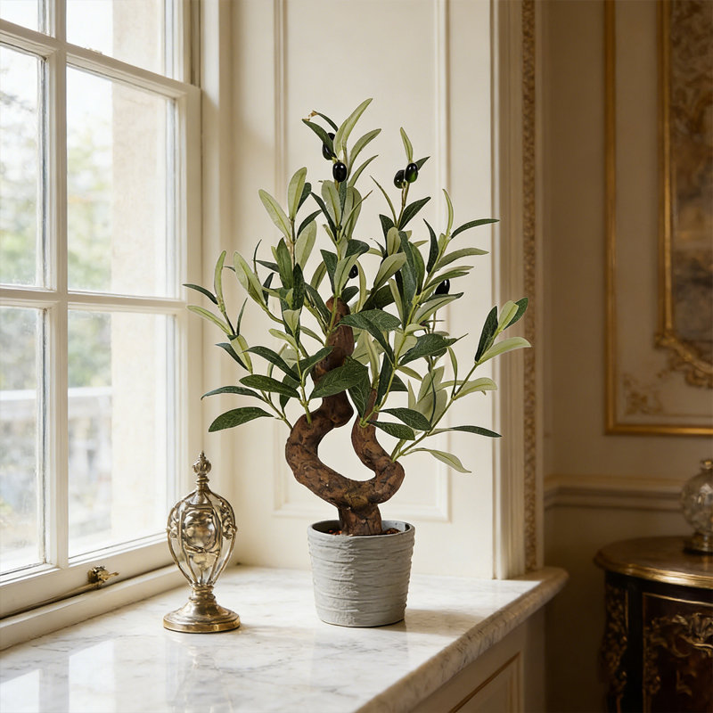 20" Artificial Olive Bonsai Tree With Realistic Leaves In Planter, Faux Evergreen Plant In Decorative Pot, 20" x 9"