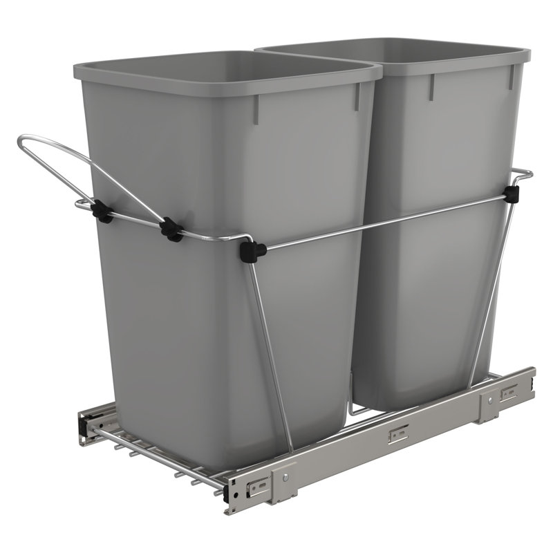 Metallic Silver Double Pull-Out Trash Can for Kitchen Cabinets