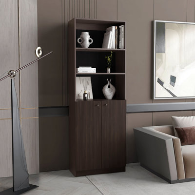 Home 2 Door Bookcase Cronos, 2 Open Shelves And Concealed Storage, Stained Walnut