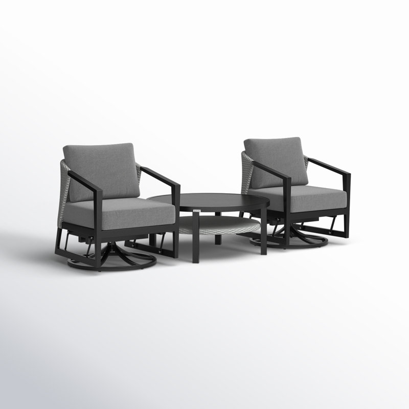 Ensemble de conversation d'extérieur pivotant 3 pièces Abalone en aluminium noir avec osier gris et coussins