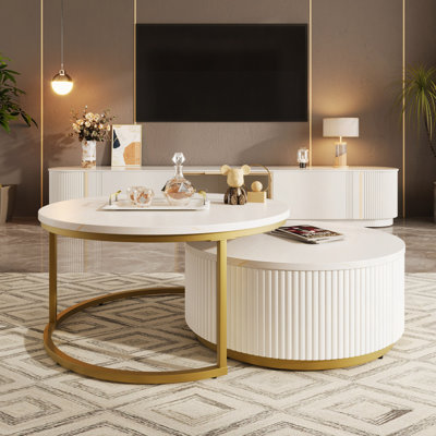 Table basse ronde emboîtable cannelée avec tiroir