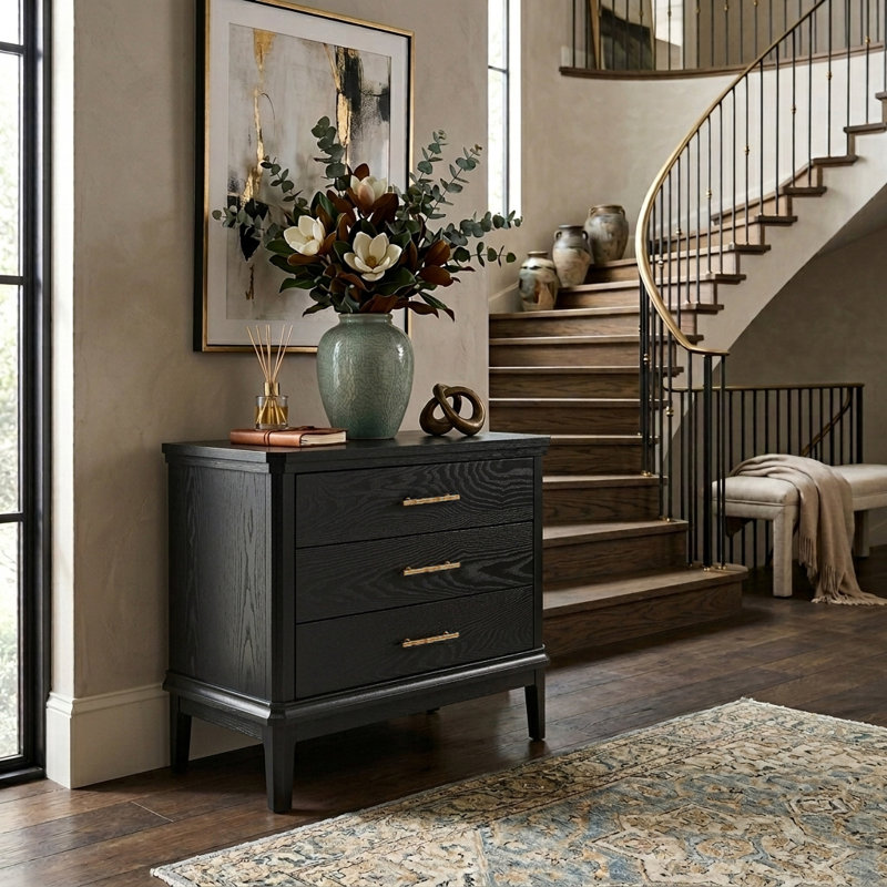  Fay Transitional 26"Tall 3-Drawer End Table with Built-in Charging Station and Simple Assembly, Black