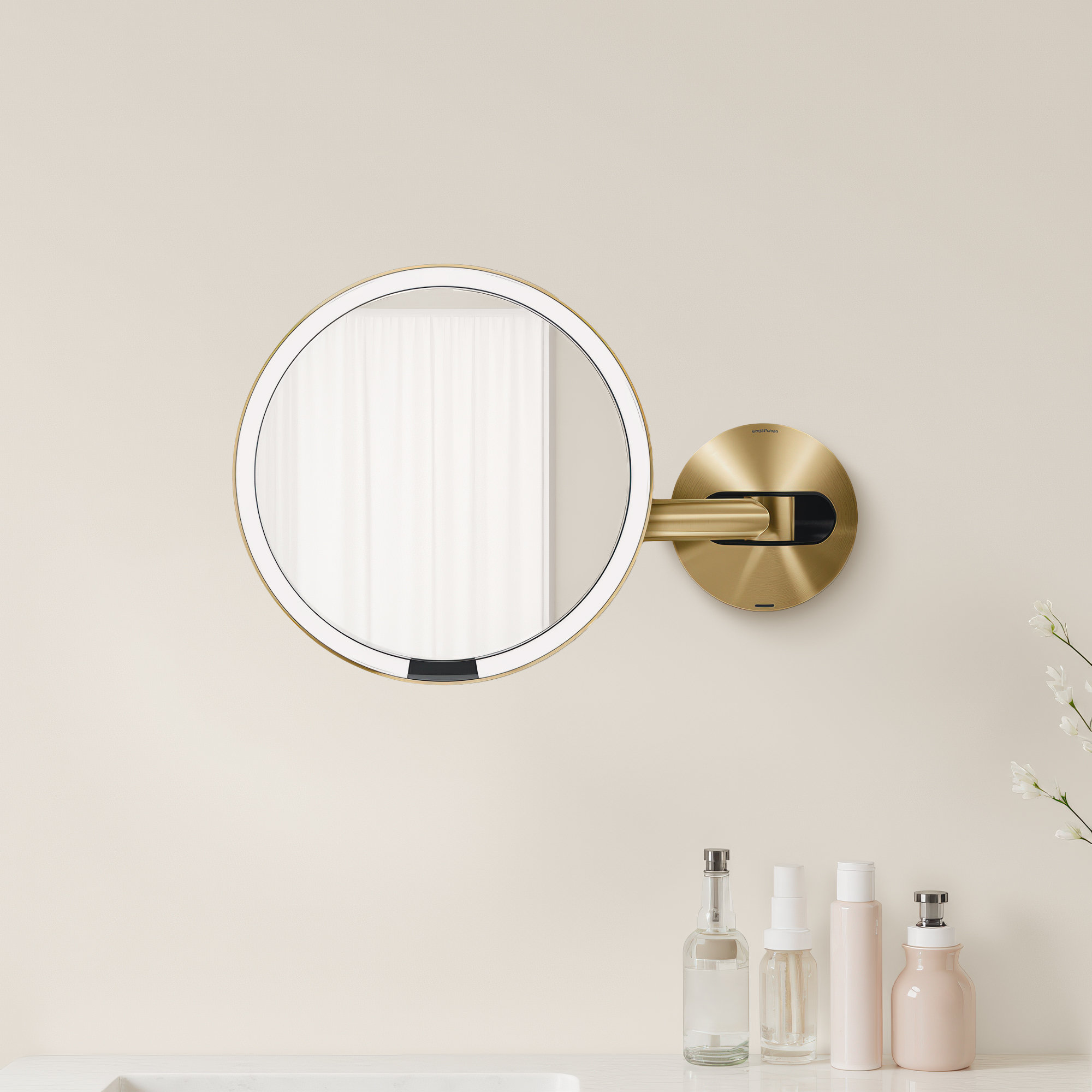 Simplehuman 8" Round Wall Mount Sensor Makeup Mirror, 5X Magnification, Hard-Wired, Stainless Steel, Brass