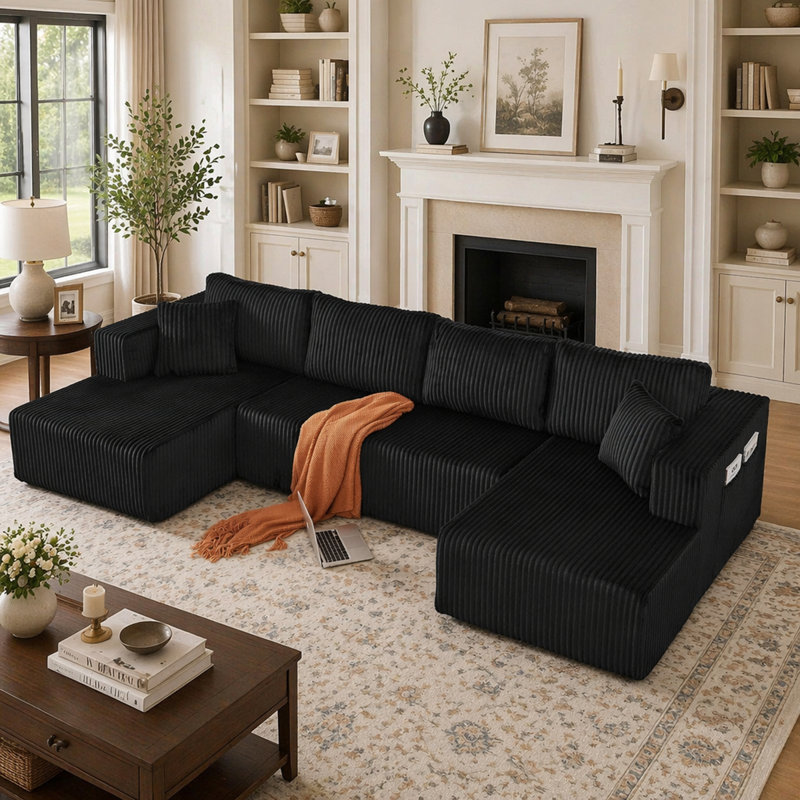 Canapé modulaire en forme de U de 132 po, canapé-lit Comfy Cloud, Black Corduroy