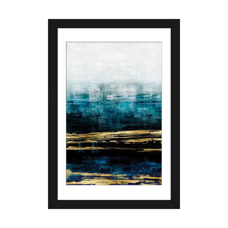 «Aqua Reflections with Gold» non disponible sur toile, H 32 po x l 24 po x P 1 po, Papier beaux-arts encadré noir, Blanc