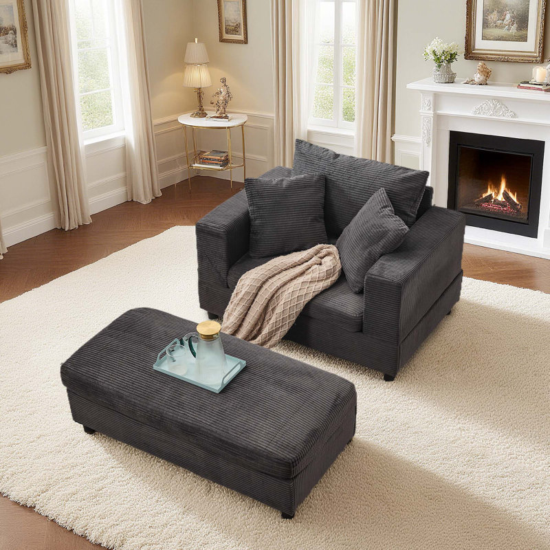 42.2 Inch Deep Seat Armchair In Modern Dark Gray Corduroy，soft Padding & Cushions, Matching Storage Ottoman, Suitable For Living Room & Bedroom