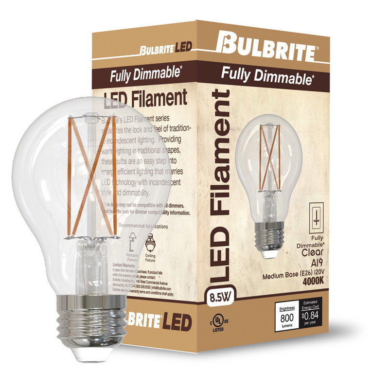 Ampoule DEL à filament A19 à intensité variable de 60 W à intensité variable, blanc froid 4 000 K, 4, 4000