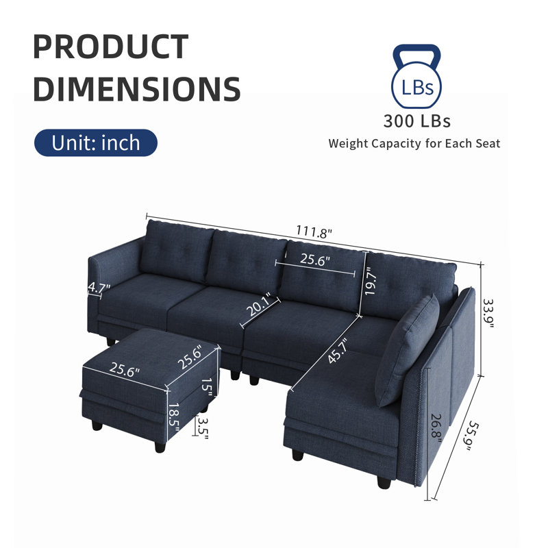 Canapé modulaire en L rembourré 6 pièces avec rangement Tomario, Polyester bleu