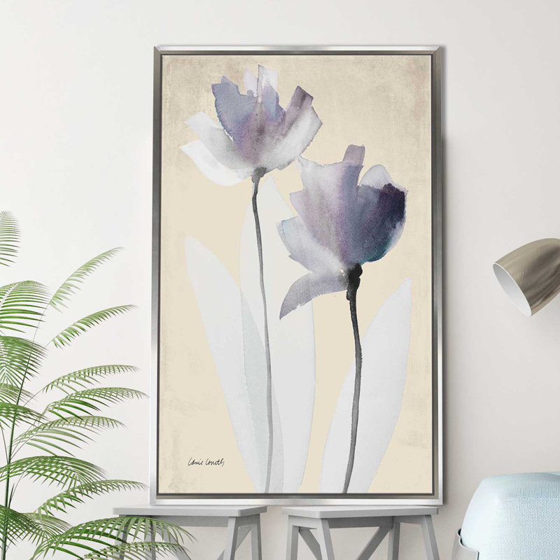 «Double Purple Whisper», reproduction de peinture à l'aquarelle, H 48 po x l 28 po x P 2 po, Cadre flottant argent
