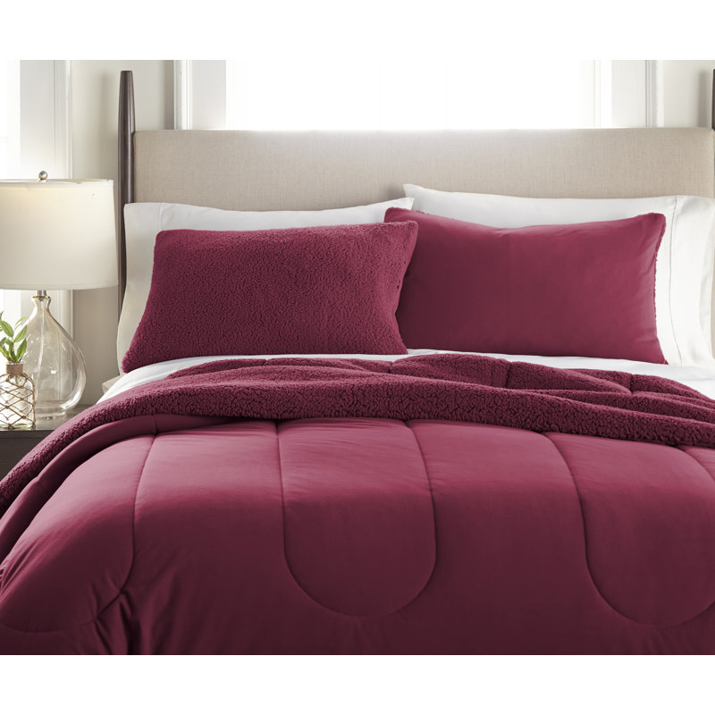 Ensemble d'édredon inversé en sherpa Micro Flannel®, Édredon pour grand lit + 2 taies décoratives, Rouge vin