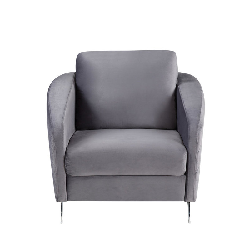 Fauteuil de 36 po en velours gris, coutures losangées, pieds en métal de 54 lb