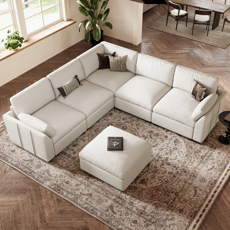 Modular L-Shaped Sectional with Removable Ottoman , Beige Velvet