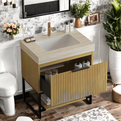 Meuble-lavabo de salle de bain moderne, lavabo en pierre frittée et céramique, rangement spacieux