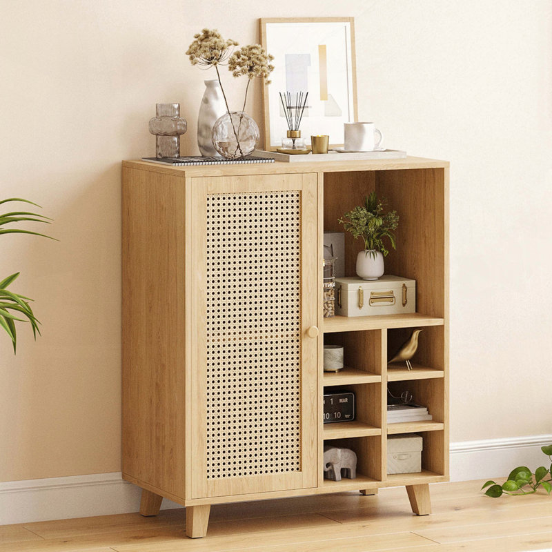 Wine Bar Cabinet with Rattan Door, Natural