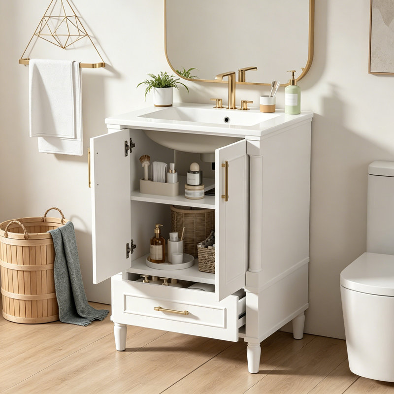 Meuble-lavabo moderne avec tiroir et dossier ouvert, Blanc