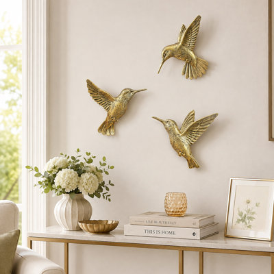 Ensemble de 3 décorations murales colibri rétro doré