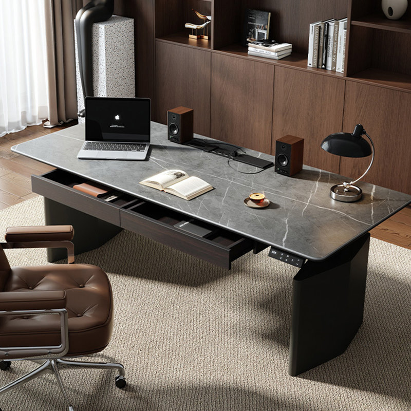 Black Rectangular Hight adjustable Sintered Stone + Carbon Steel with 2 drawers desk, 47.24" H x 62.99" W x 27.56" D