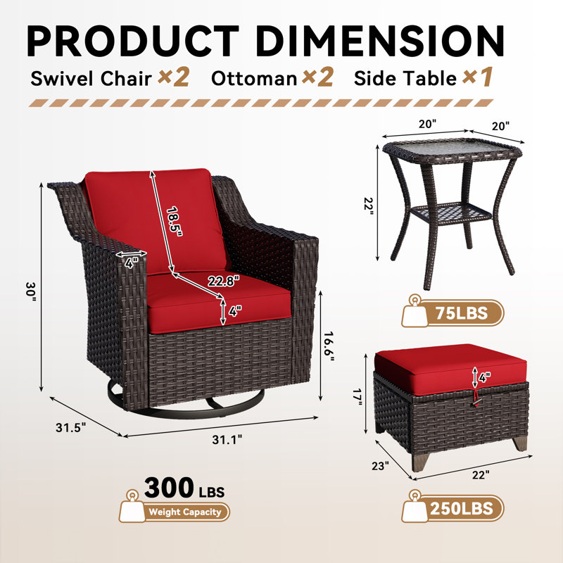 5-piece Outdoor Wicker Swivel Chair Set With Ottomans & Side Table, Rattan Patio Conversation Furniture With Cushions For Porch, Balcony, Backyard