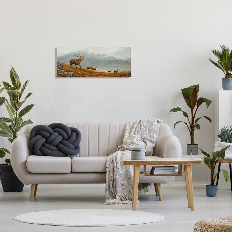 «Deer Herd Mountain Landscape», peinture sur toile, H 13 po x l 30 po x P 1,5 po