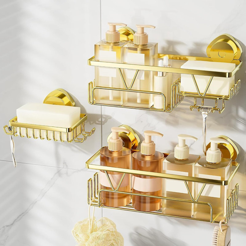 Suction Cup Shower Caddy – Gold – 3-Pack Rustproof Stainless Steel Bathroom Organizer With Soap Holder & Hooks, Removable No-Drill Storage Rack