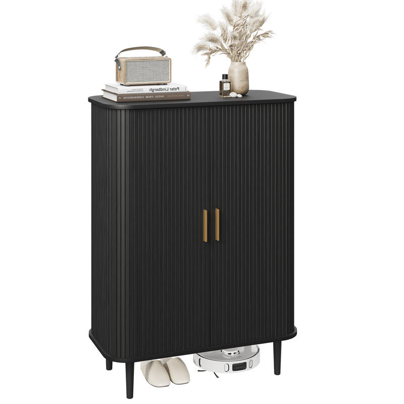 24 Pair Shoe Storage Cabinet, 31.5 Inch 6-Tier Shoe Cabinet with Adjustable Shelves & Sliding Doors, Mid-Century Modern Freestanding Shoe Storage Organizer for Entryway, Hallway, Living Room