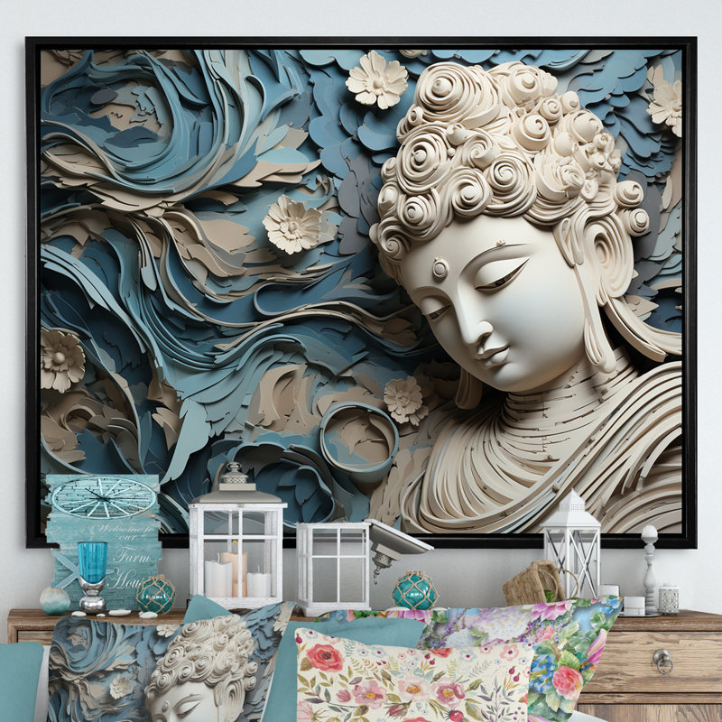 Statue religieuse bouddhisme I - décoration murale bouddhisme, H 34 po x l 44 po x P 1,5 po, Cadre flottant noir