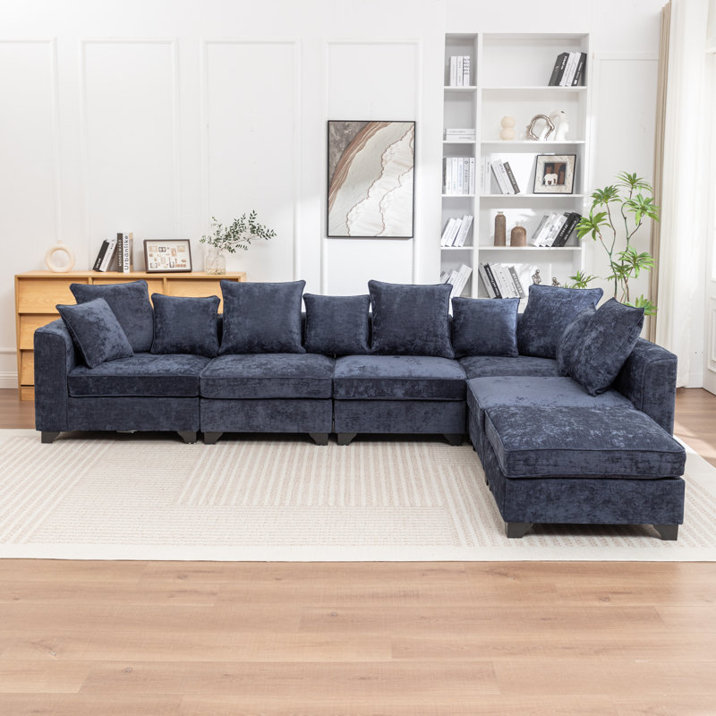 Bennett 6-Piece L-Shaped Sectional Sofa, Blue Chenille