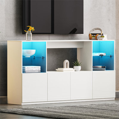 High Gloss TV Stand with LED Lights, Modern Sideboard with Large Storage Cabinet, Media Console with Tempered Glass Shelves for TVs up to 75"", Living -  Ivy Bronx, BB6FE2C8AB1F4CD0818E67B5D93B4257