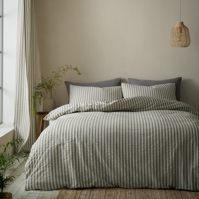 Cotton Rich Woven Stripe Cotton Blend Striped Duvet Cover Set, Grey, King