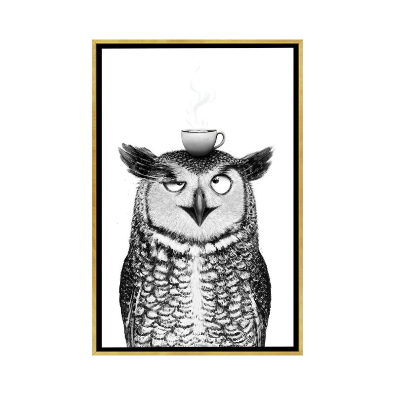 Hibou avec cappuccino - reproduction d'art murale - toile encadrée, 26" x 18", Framed Canvas, Gold