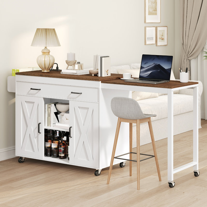 62.8"Farmhouse Kitchen Island with Extendable Dining Table and Outlets & Switch, 2 Drawers and 2 Doors Cabinet For Kitchen