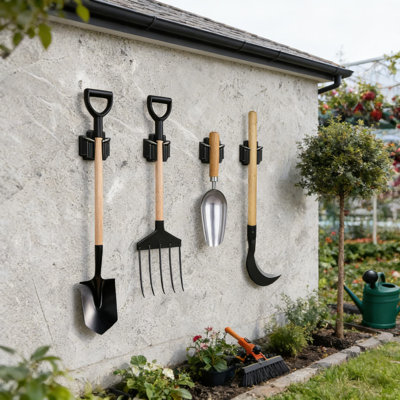 Heavy Duty Wall Mounted Tool Organizer Rack, Stainless Steel Broom And Mop Holder With Adjustable Grip For Garden Tools, Rakes, Shovels And Utility Items